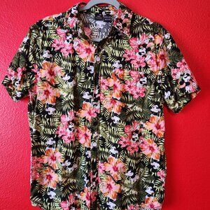 Disney Mickey Mouse Hawaiian Shirt Pink Green Floral Short Sleeve-Size M
